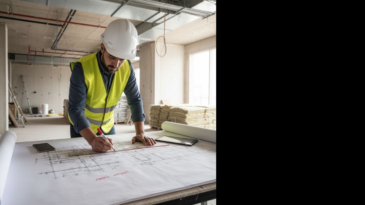 Engineers inspecting MEP plans or blueprint Site photo showing ducting, electrical panel, or piping network Team wearing safety gear on a project site (1)
